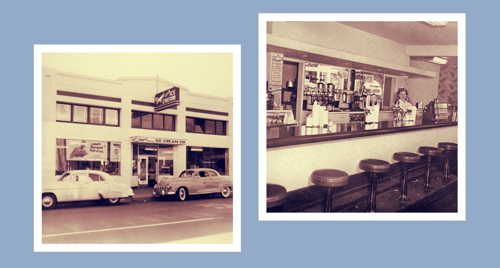 Old photos of Dreyer's ice cream shop and inside of the shop counter