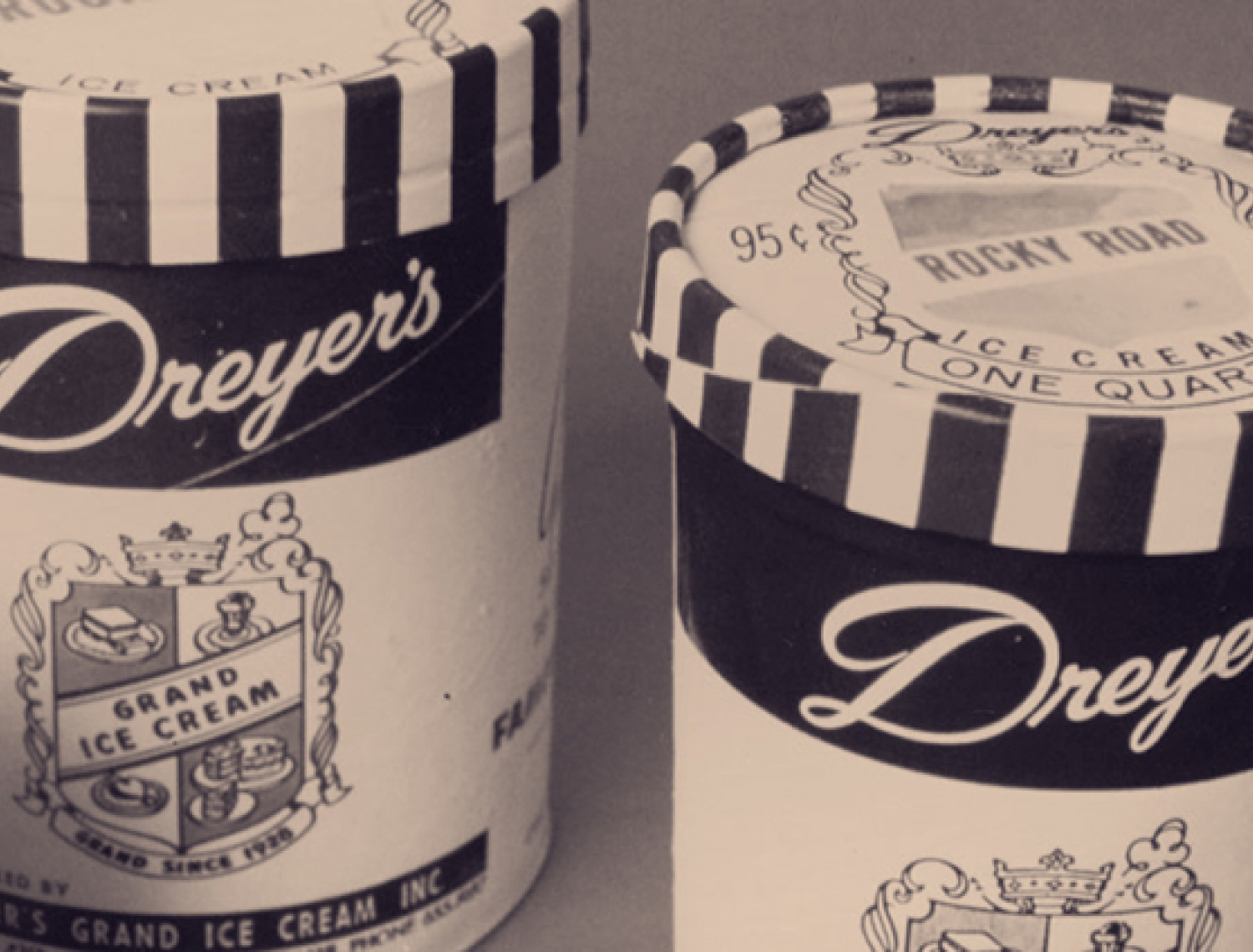 black and white photo of Dreyer's rocky road ice cream carton 1929