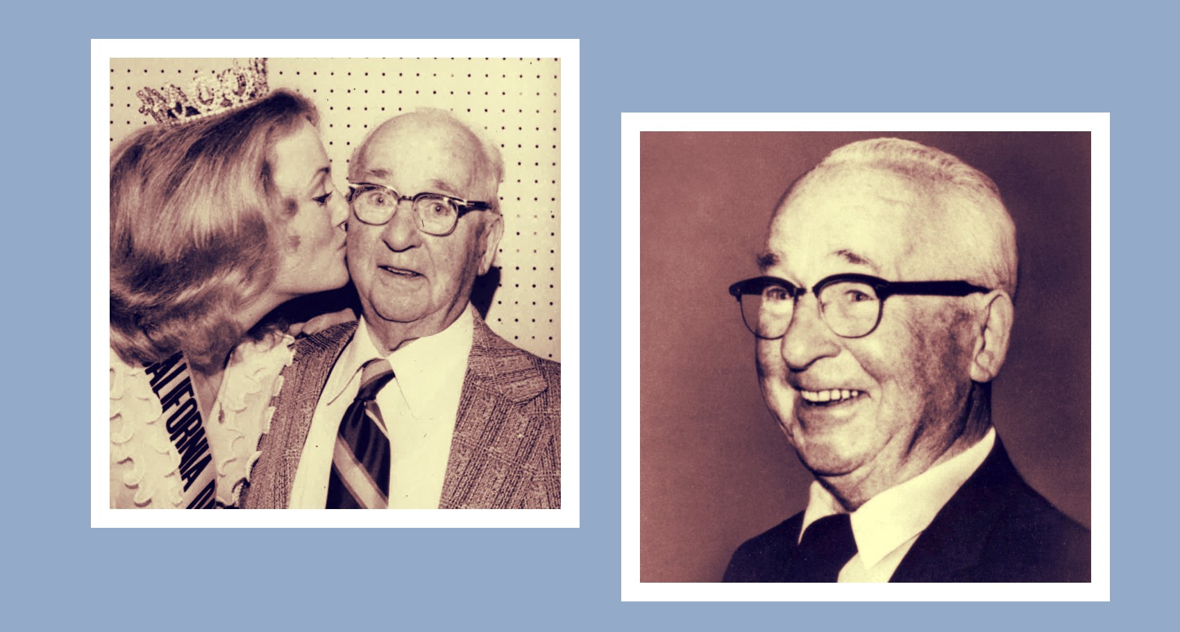 Black and white photos of William Dreyer and photo of woman kissing him on the cheek.