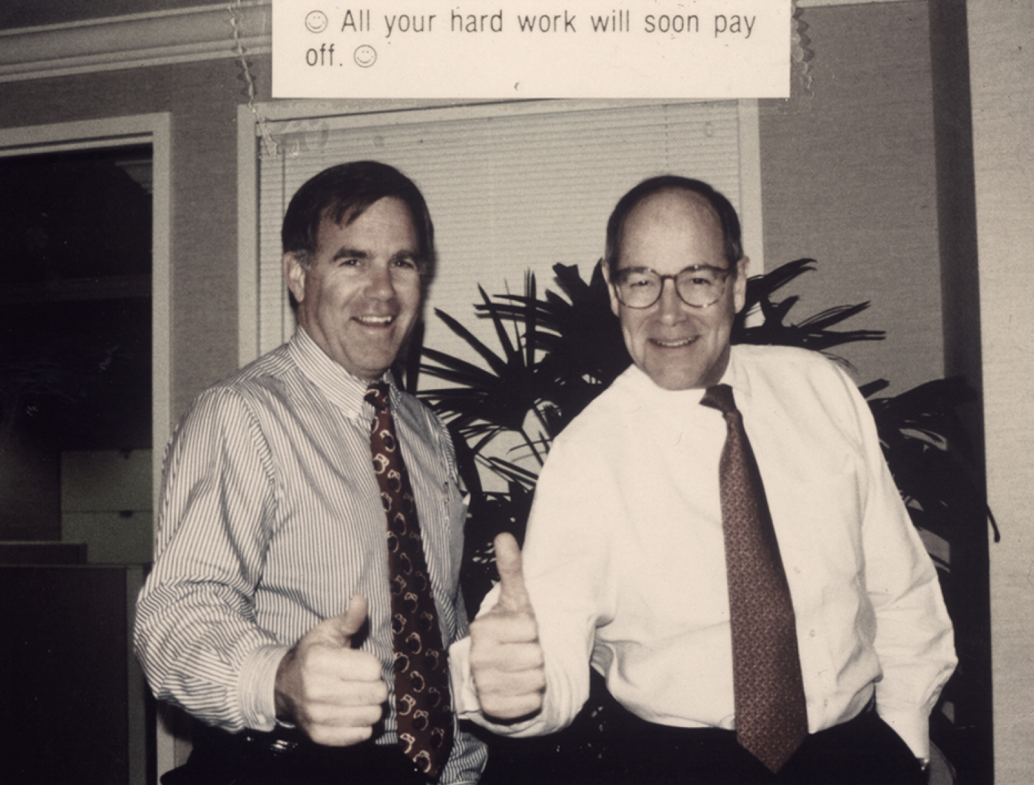 Photo of  the Dreyer's in 1977 giving a thumbs up and cookie forture saying "All your hard work will soon pay off".