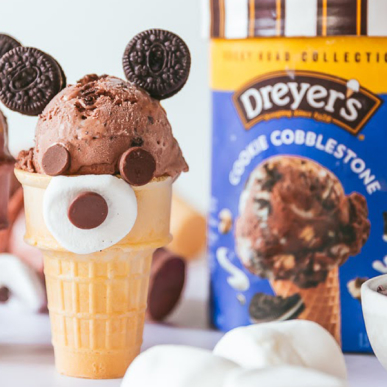 Dryer's cookie cobblestone ice cream carton with scoop decorated as teddy bear