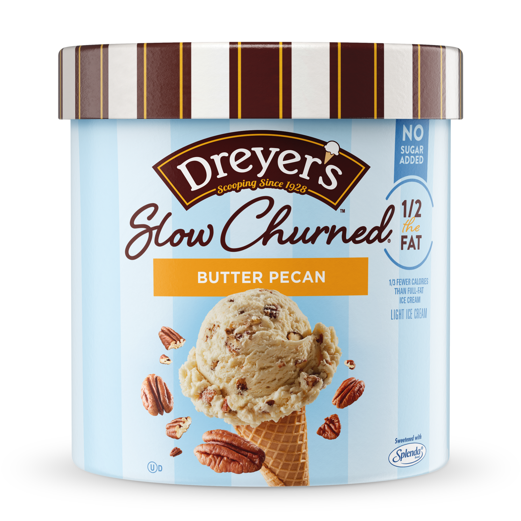 Carton of Dreyer's no sugar added butter pecan ice cream