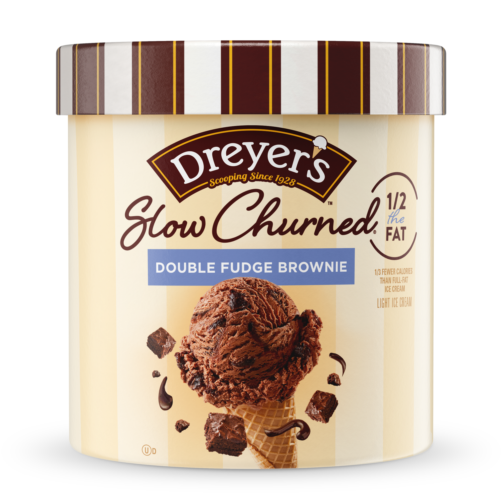 Carton of Dreyer's slow-churned double fudge brownie ice cream