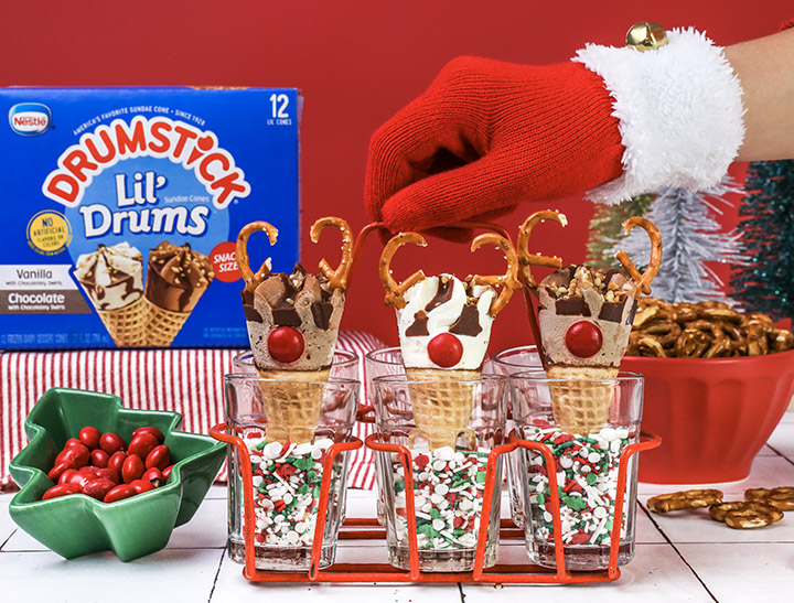Drumstick mini drums decorated as reindeer in glass