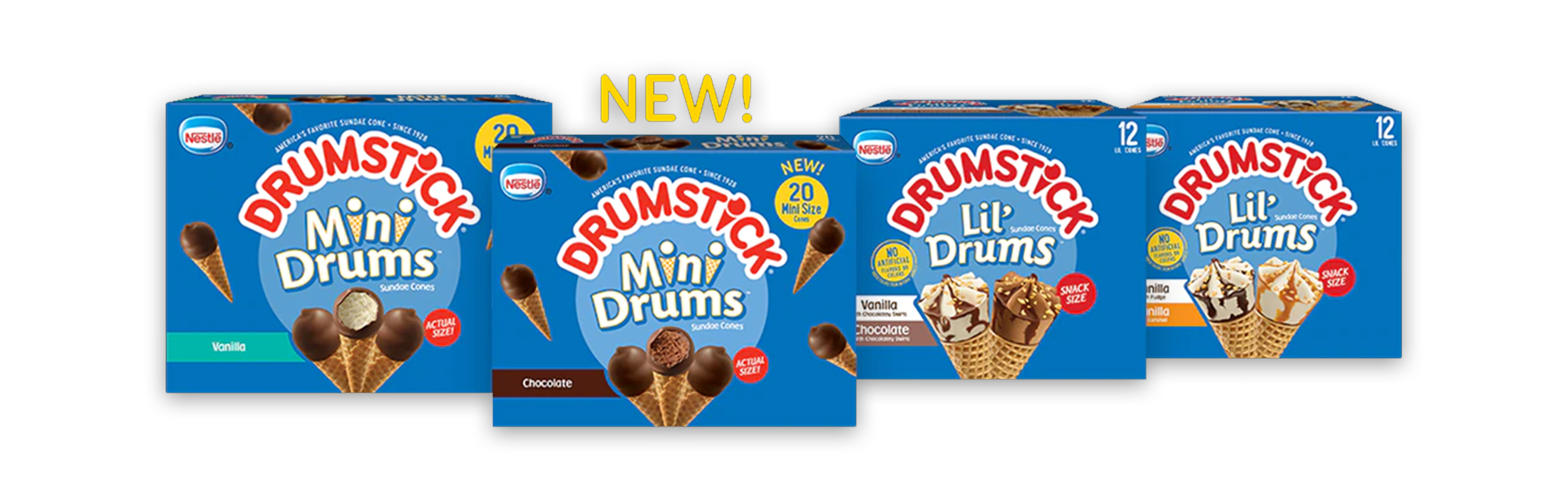 Drumstick Mini Drums and Lil' Drums in retail packaging.