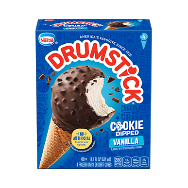 Drumstick Vanilla Cookie Dipped cone in retail packaging.