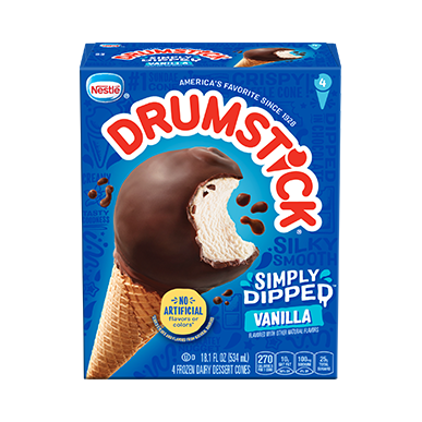 Drumstick Vanilla Simply Dipped cones in retail packaging.
