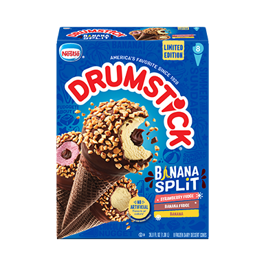 Drumstick Banana. Strawberry and Fudge and Banana with Fudge, Banana Split cones in retail packaging.