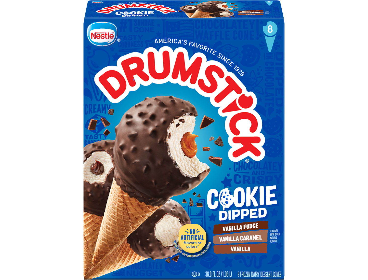 Drumstick cookie dipped vanilla, vanilla fudge and vanilla caramel cones