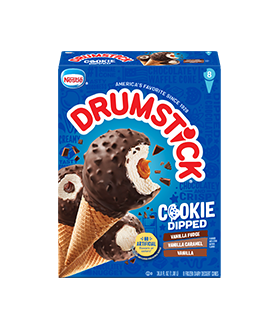 Drumstick cookie dipped vanilla, vanilla fudge and vanilla caramel cones