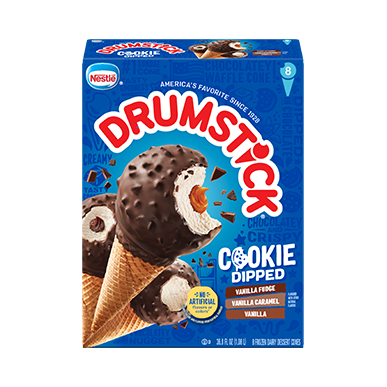 Drumstick cookie dipped vanilla, vanilla fudge and vanilla caramel cones in retail packaging.