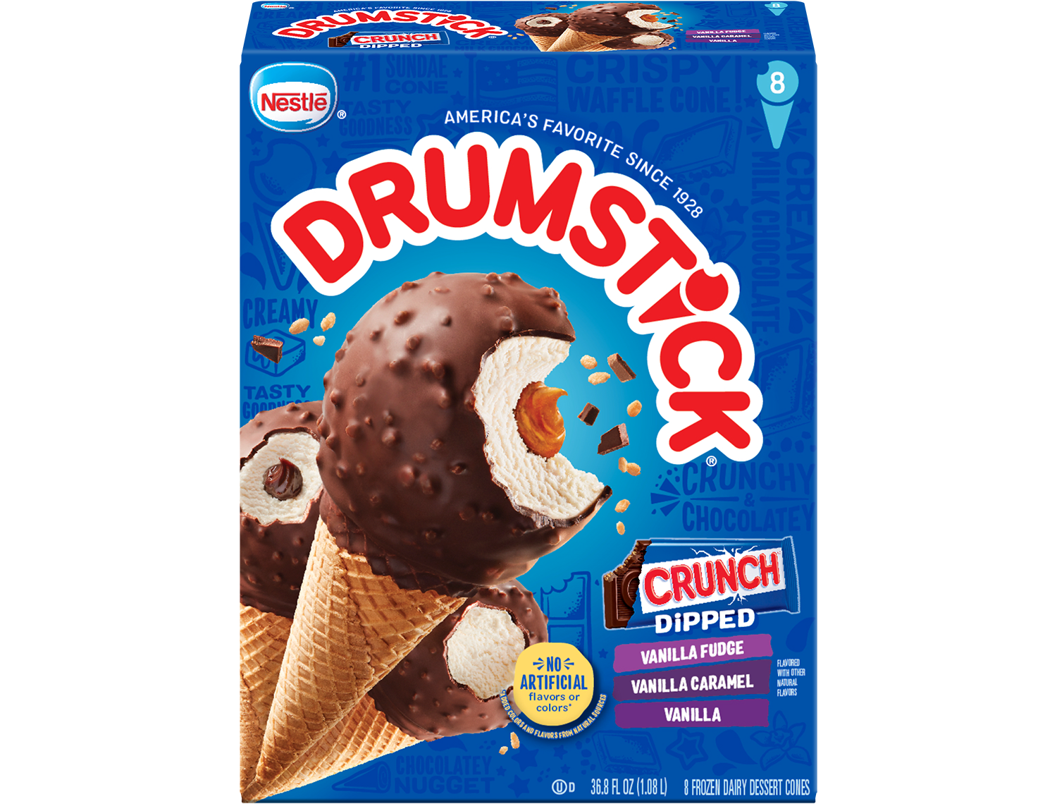 Drumstick crunch dipped vanilla, vanilla caramel and vanilla fudge cones