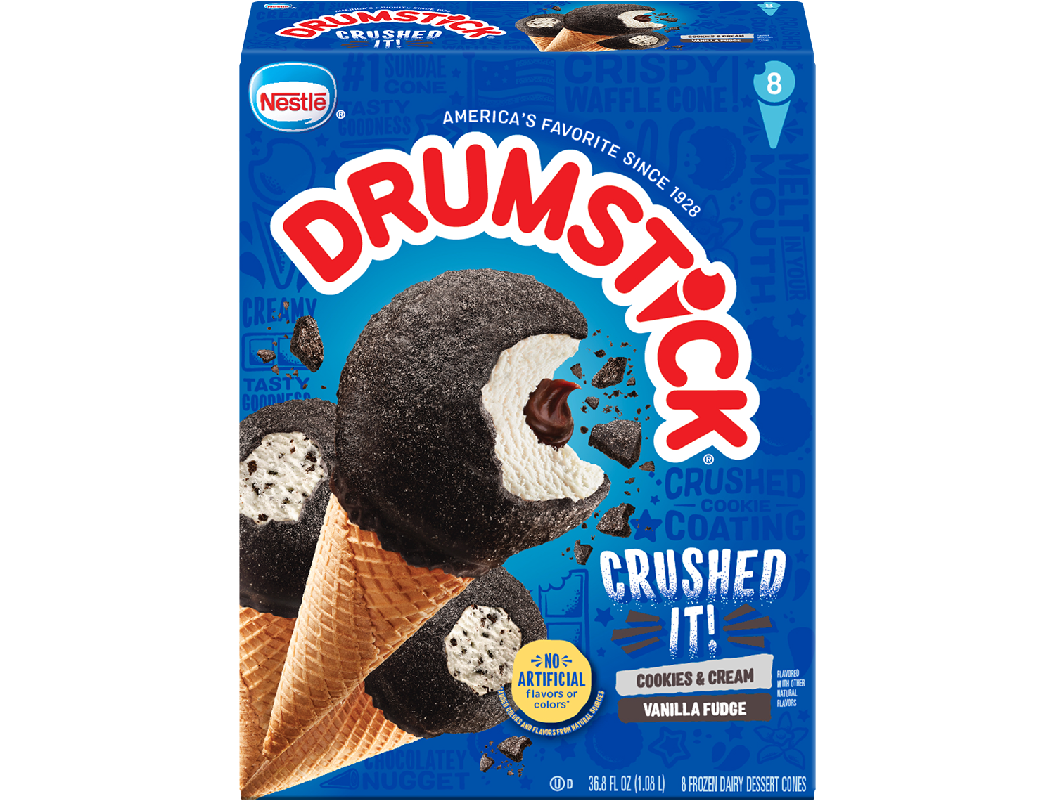 Drumstick crushed it vanilla fudge and cookies 'n cream cones