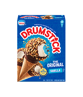 Photo of Drumstick original vanilla cones in retail packaging.