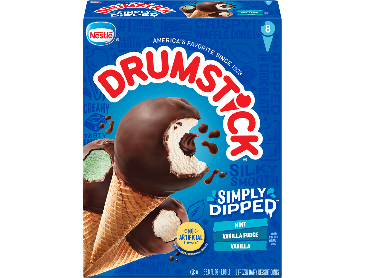 Photo of Drumstick Simply Dipped mint, vanilla fudge and vanilla in retail packaging.