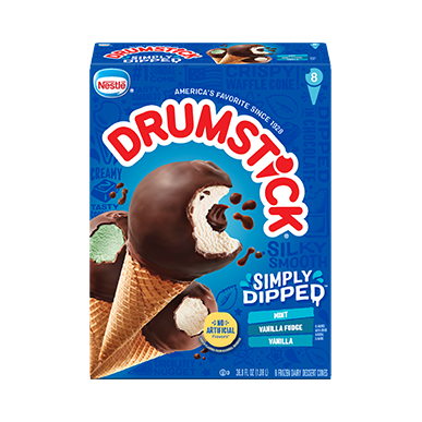 Carton of Drumstick simply dipped mint, vanilla fudge & min cones