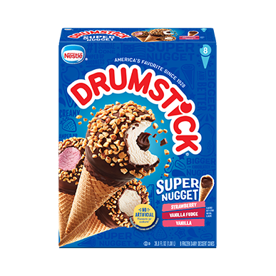 Photo of Drumstick super nugget pack strawberry, vanilla fudge, and vanilla in retail packaging.