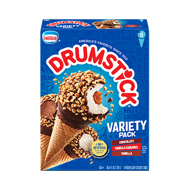 Carton of Drumstick chocolate, vanilla & vanilla caramel variety pack