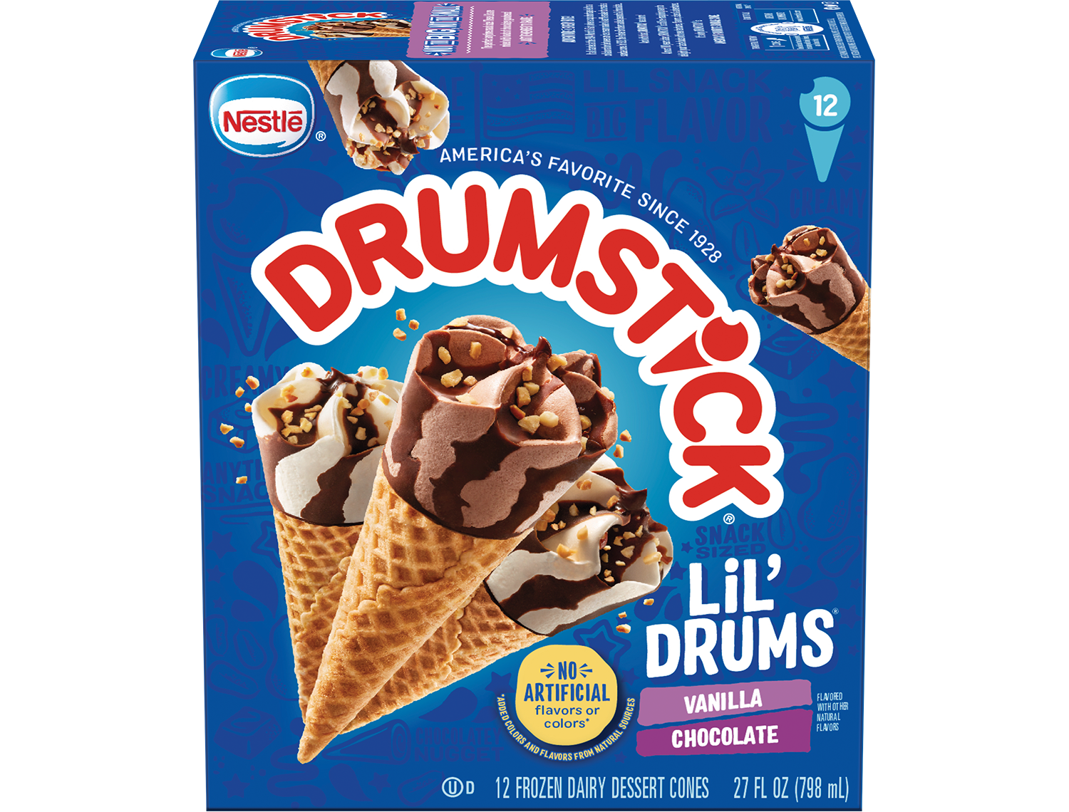 A box of 12 Drumstick Lil' Drums snack-size Vanilla and Chocolate cones