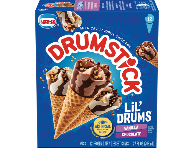 A box of 12 Drumstick Lil' Drums snack-size Vanilla and Chocolate cones