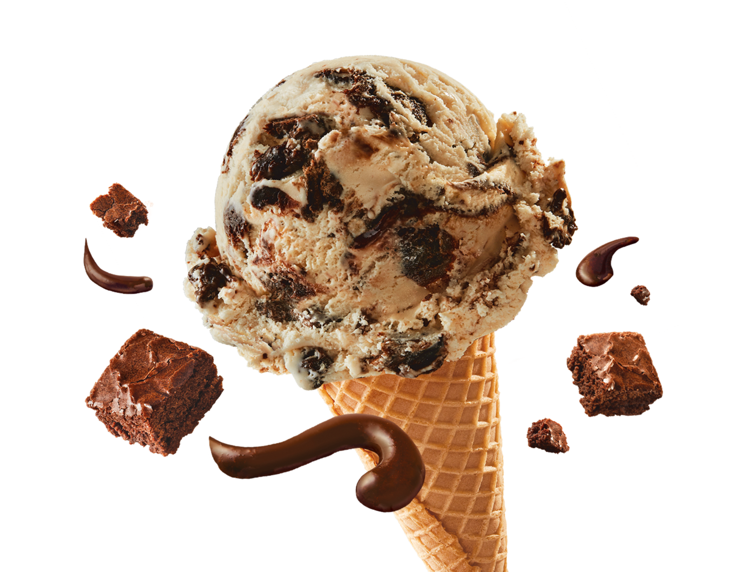 Ice cream cone with a scoop of Edy's Brownie Brick Road ice cream and chunks of brownie and chocolate sauce swirling around it
