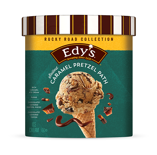 Carton of Edy's salted caramel pretzel path ice cream