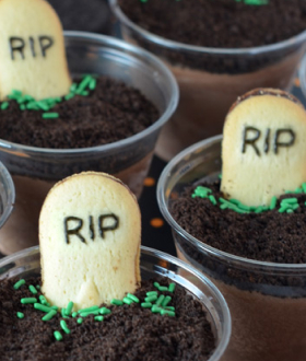 Ice cream decorated as graveyard in cups