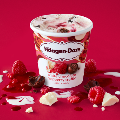 ICE CREAM White Chocolate Raspberry Truffle Tangy raspberry ribbons and rich cocoa truffles folded into white chocolate ice cream. One of a kind, in every kind of way. That’s Däzs™!