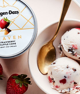 Haagen-Dazs haven strawberry waffle cone ice cream scoops in bowl
