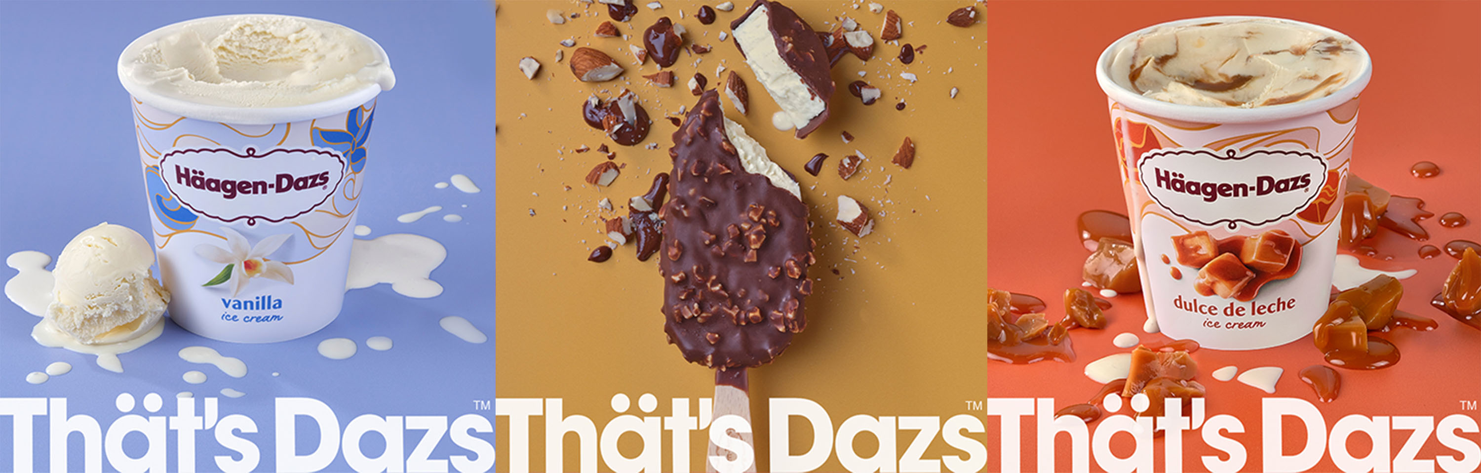 Haagen-Dazs vanilla ice cream, ice cream bar and dulce de leche pint of ice cream