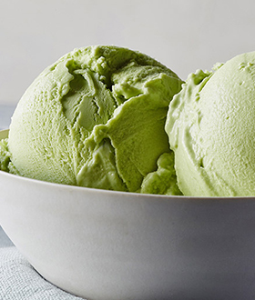 Scoops of Haagen-Dazs green tea ice cream in a bowl