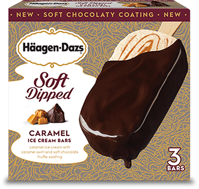 Haagen Dazs soft dipped caramel ice cream bars in retail packaging.