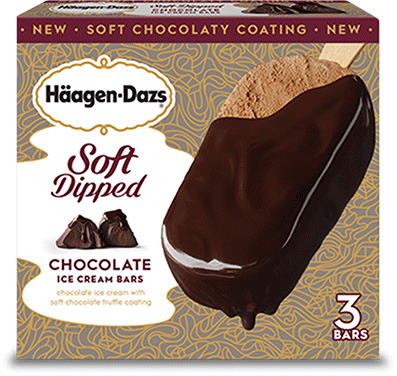 Haagen Dazs soft dipped chocolate ice cream bars in retail packaging.