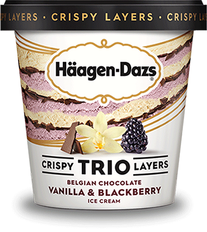 Pint of Haagen-Dazs crispy trio layers Belgian chocolate, vanilla & blackberry ice cream