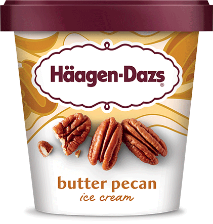 Pint of Haagen Dazs butter pecan ice cream in retail packaging.