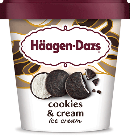 Pint of Haagen Dazs cookies and cream ice cream in retail packaging.