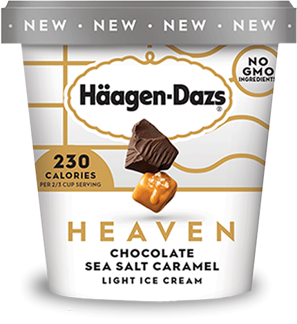 Pint of Haagen Dazs heaven chocolate sea salt caramel ice cream in retail packaging.