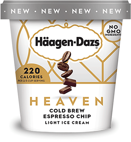 Pint of Haagen Dazs heaven cold brew espresso chip light ice cream in retail packaging. 