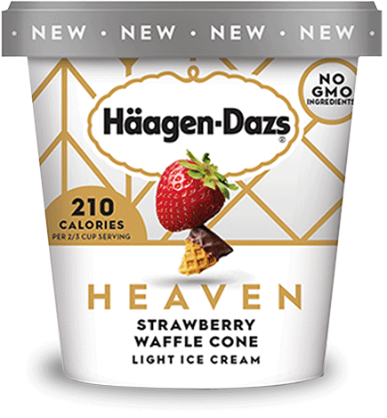 Pint of Haagen Dazs heaven strawberry waffle cone light ice cream in retail packaging.