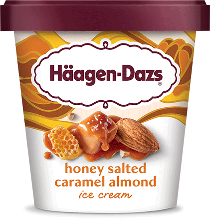 Pint of Haagen Dazs honey salted caramel almond ice cream in retail packaging.