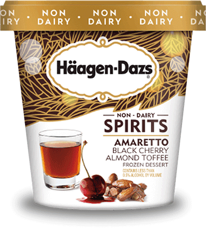 Pint of Haagen Dazs non-dairy spirits amaretto black cherry almond toffee frozen dessert in retail packaging.
