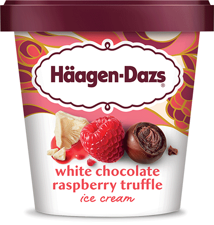 Pint of Haagen Dazs pint of white chocolate raspberry truffle ice cream in retail packaging.