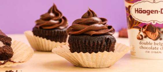 Chocolate Ice Cream Cupcakes Decadent chocolate cake filled with smooth ice cream and topped with rich fudge icing.