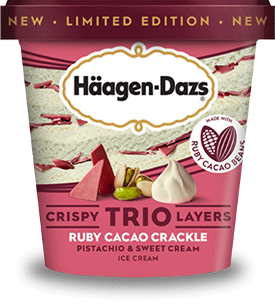 pint of Haagen Dazs crispy trio layers ruby cacao crackle pistachio and sweet cream ice cream