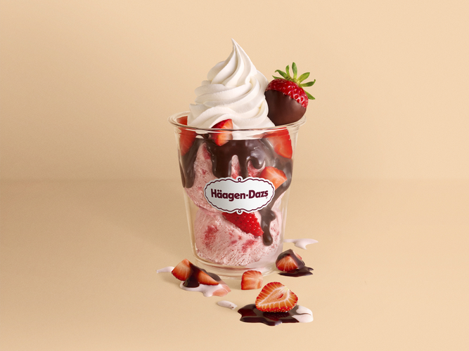 Chocolate Dipped Strawberry Sundae Strawberry Ice Cream with strawberry pieces, topped with hot dudge, whipped cream, and a chocolate-covered strawberry.