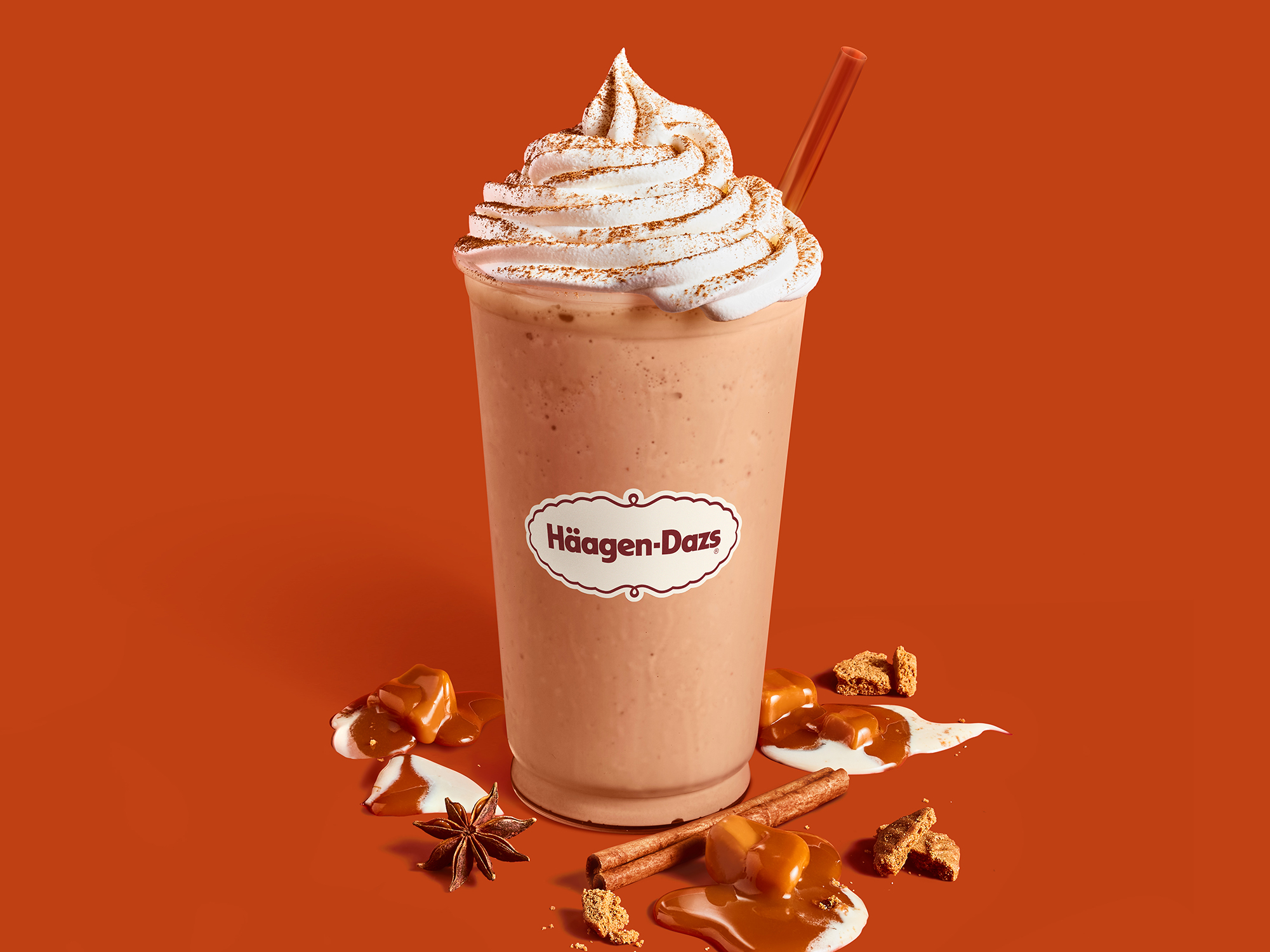 Pumpkin Spice Shake Rich caramel ice cream with thick, Dulce de Leche ribbons blended with creamy pumpkin puree topped with whipped cream and dusted with pumpkin pie spices.