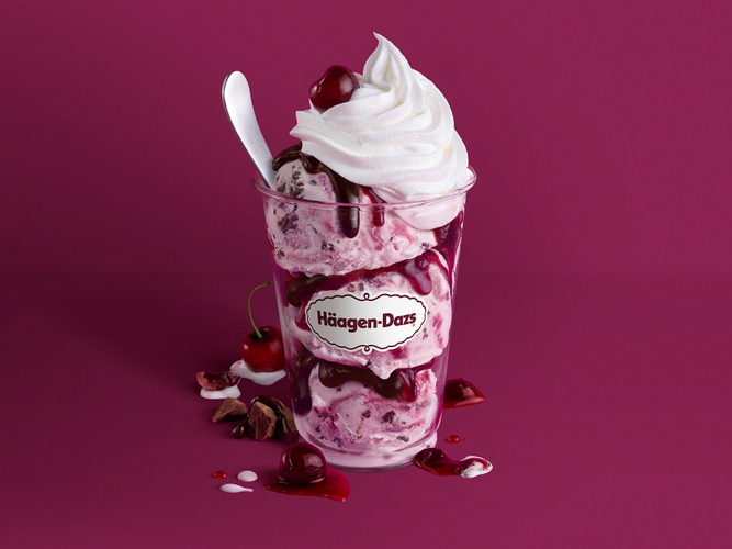 Dark Cherry Truffle Dazzler Sundae Dark Cherry Truffle Ice Cream specked with chocolate and sweet cherries, layered with tart cherry preserves and hot fudge and topped with whipped cream and garnished with a darck cocktail cherry.