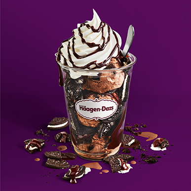 midnight cookies and cream dazzler with chocolate crème cookies, chocolate sauce, and whipped cream