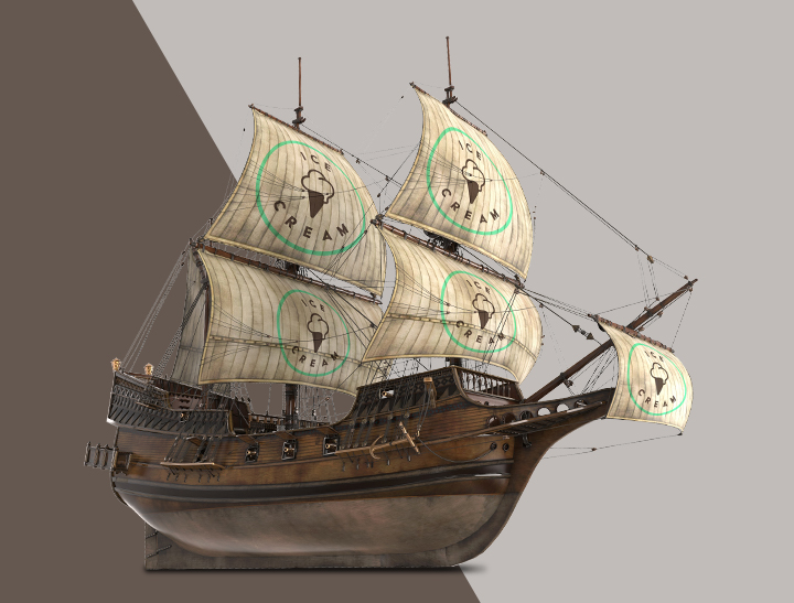 sailing ship with ice cream logo on sails