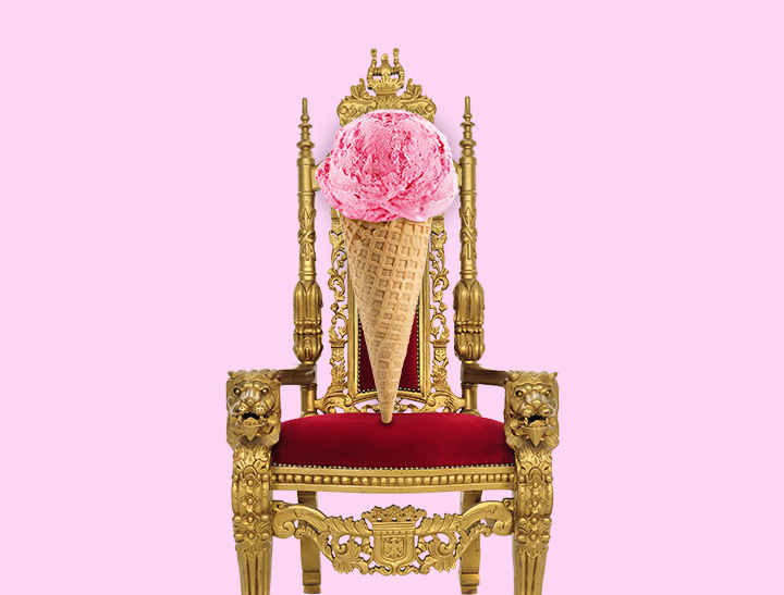 pink scoop of ice cream on a cone sitting on a throne